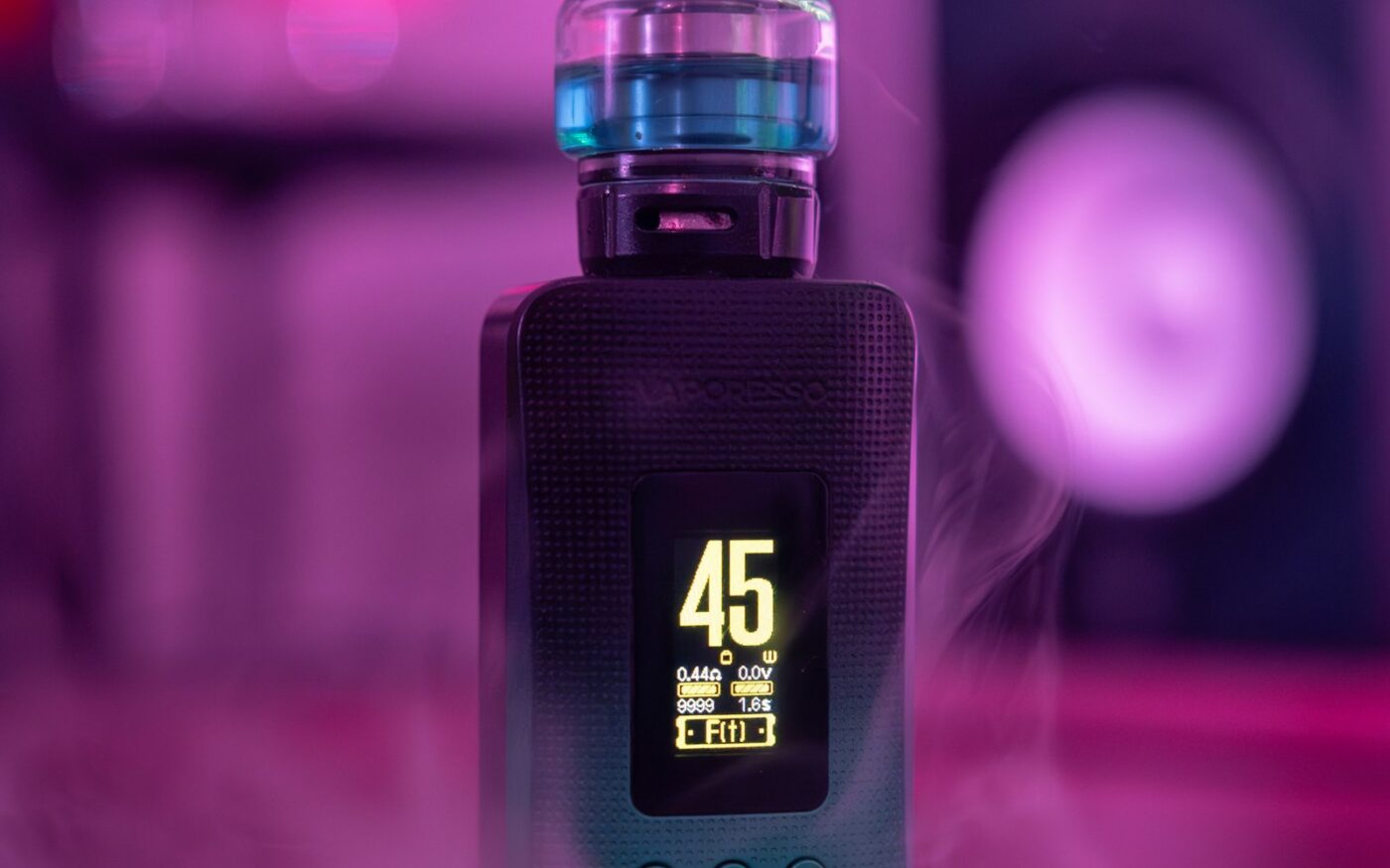 Device with purple lighting on a table