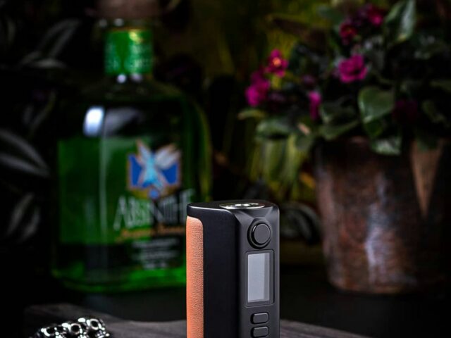 Compact black box device with a small screen and wood side panel